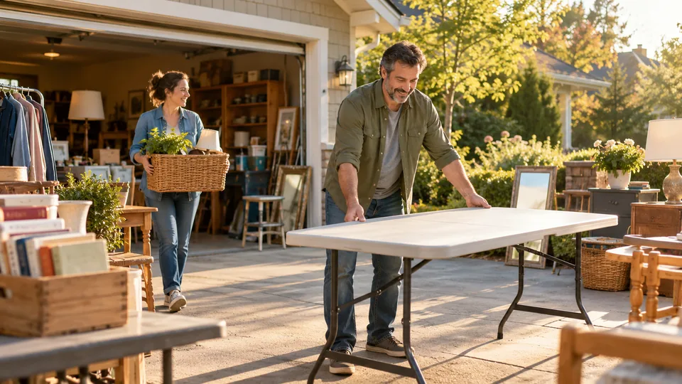 Neighbors setting up tables in gentle early-morning sunlight.