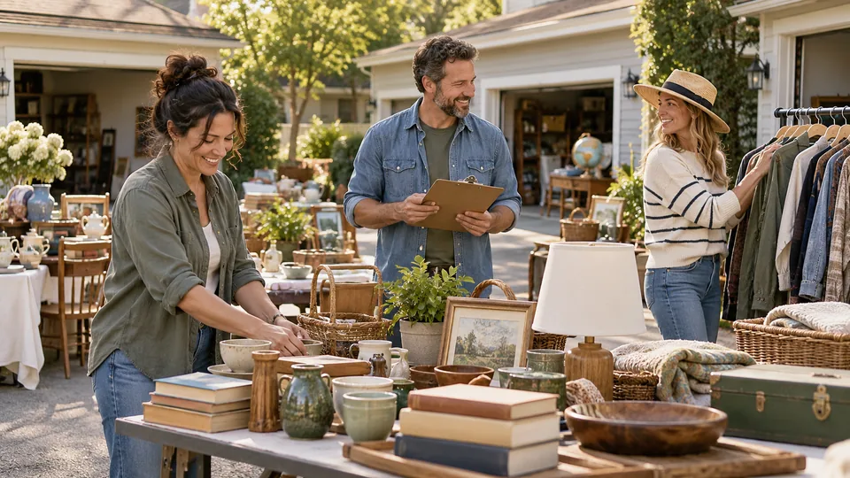 Several neighbors coordinating tables at a shared garage sale.
