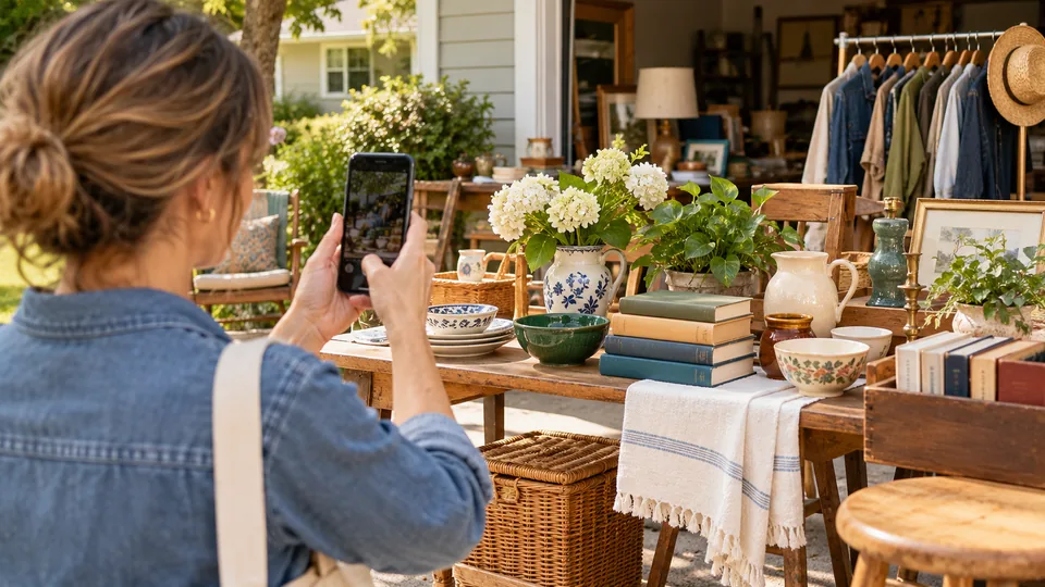 A seller photographing merchandise with a smartphone.