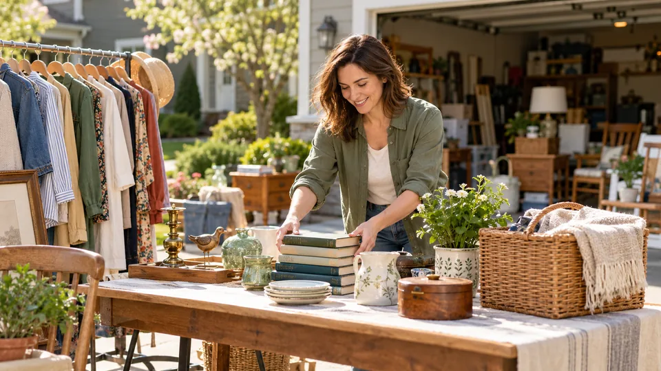 A host arranging books and household goods at a sunny driveway sale.