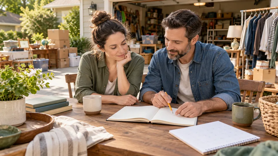Two adults planning a sale with a notebook at an outdoor table.