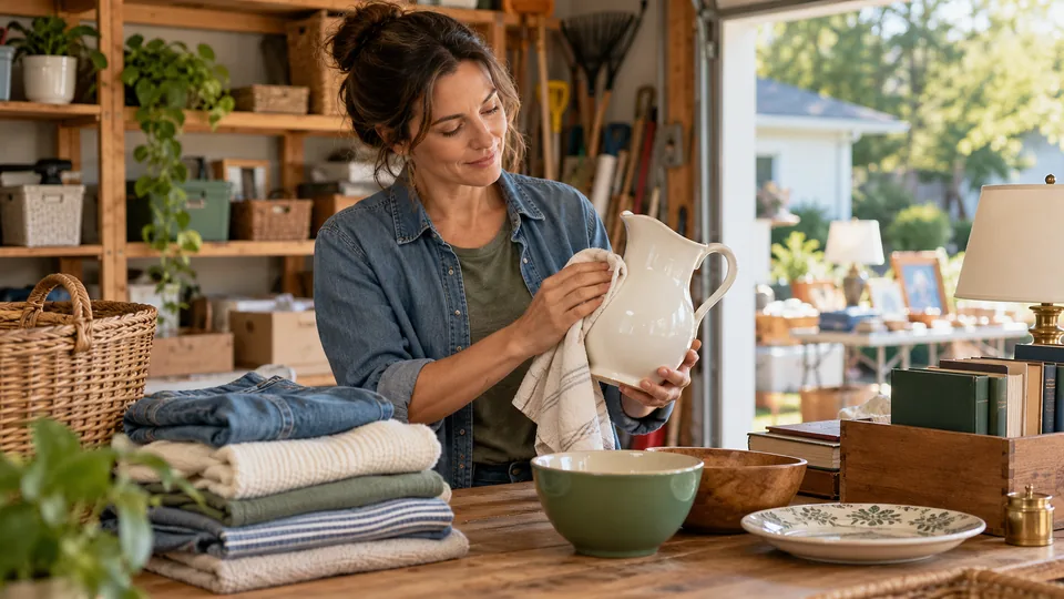 A seller cleaning a ceramic pitcher beside folded clothing.