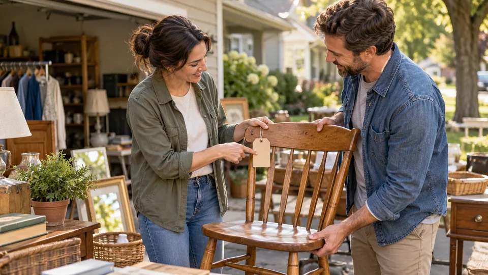 Neighbors discussing a tagged wooden chair at a driveway sale.
