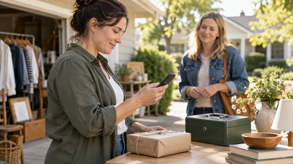A seller checking a payment on their phone beside a cash box.