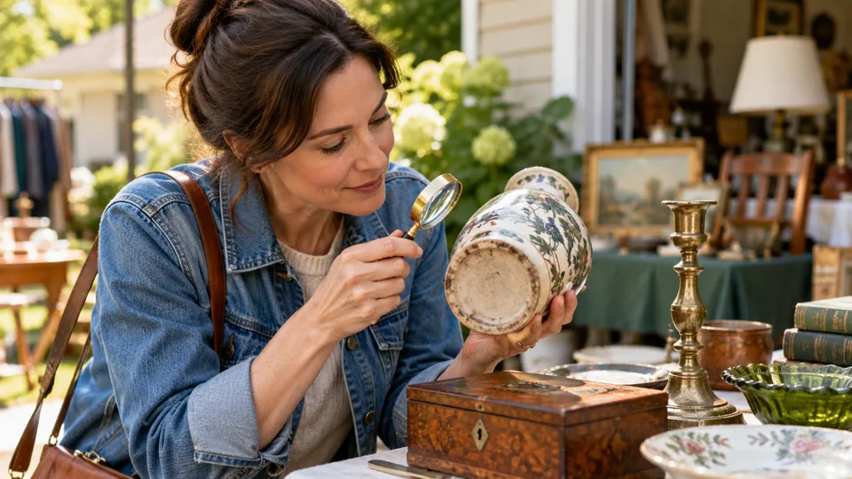 A seller carefully examining a ceramic vase with a magnifying glass.