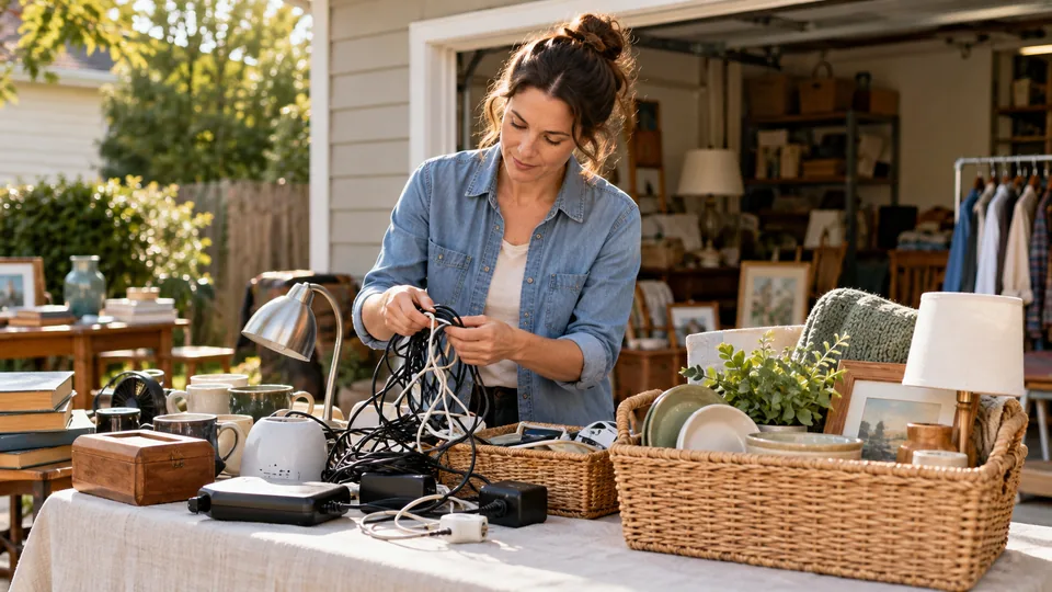 A seller organizing tangled cables beside a basket of complete items.