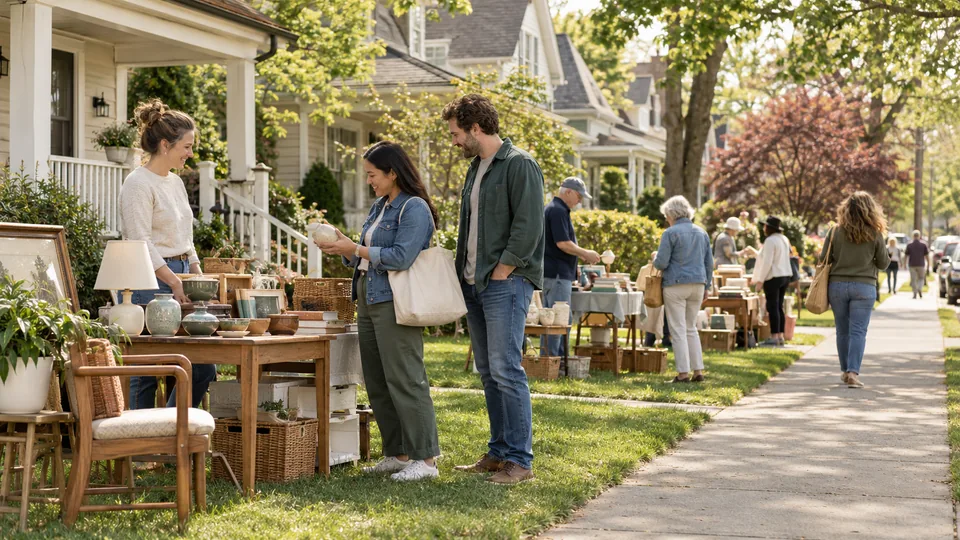 Neighbors browsing separate yard sales along a residential street.