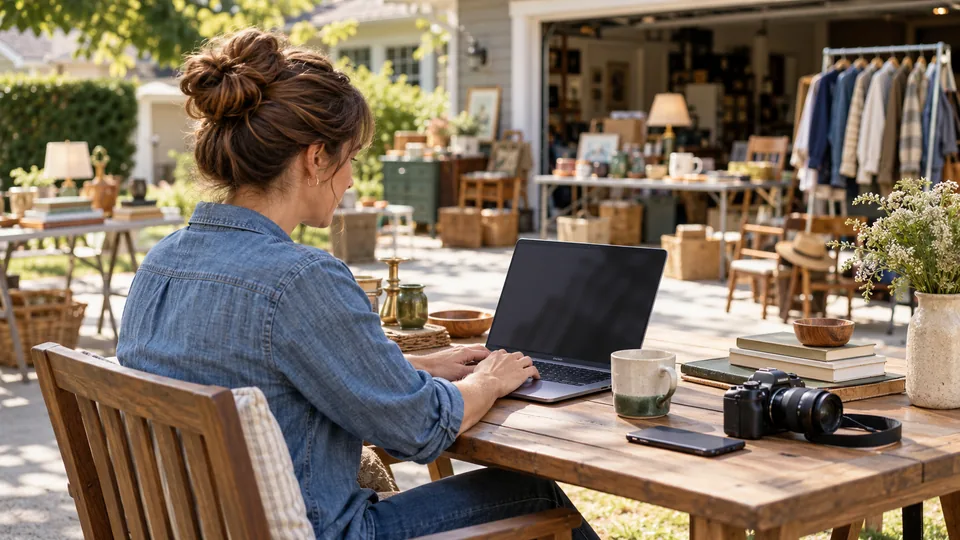 A seller preparing a listing on a laptop beside selected merchandise.