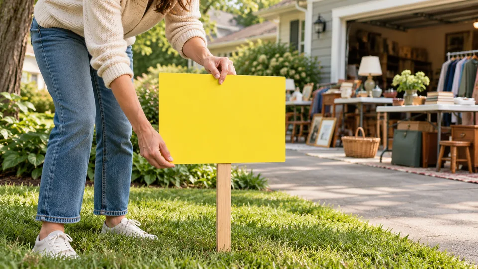 A homeowner preparing a blank sign beside a private driveway.