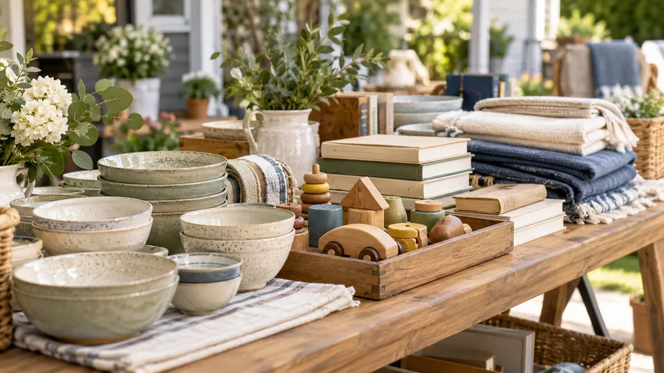 An orderly table displays grouped ceramics, books, toys and linens.