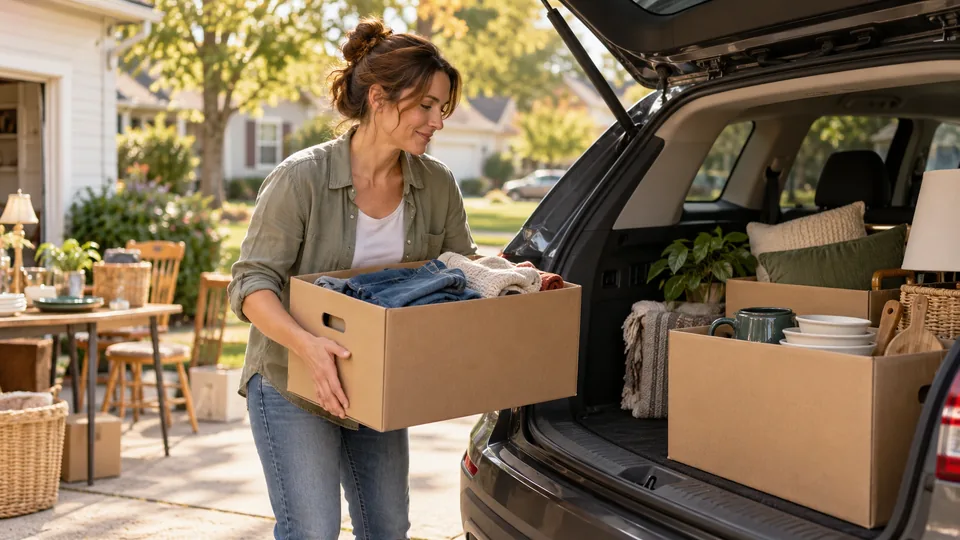 Donation boxes being loaded into a car after a sale.