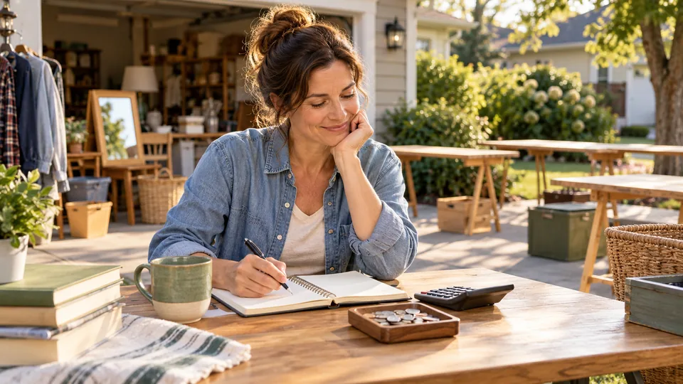 A seller reviewing sale results with a notebook and calculator.