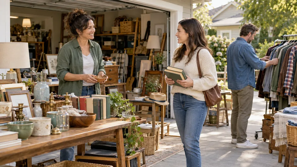 A seller welcoming a shopper while other visitors browse.