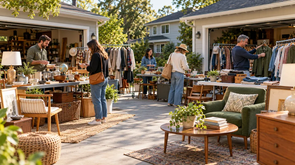 Multiple households selling furniture, clothing and other goods across adjacent driveways.
