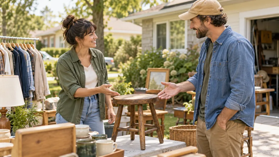 A buyer and seller discussing the price of a wooden stool.