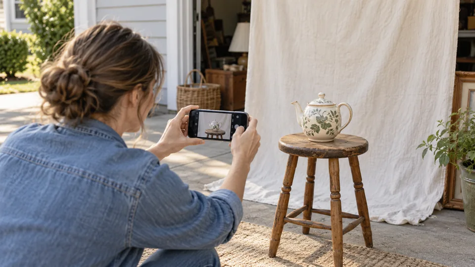 A seller using a smartphone to photograph a teapot and stool.