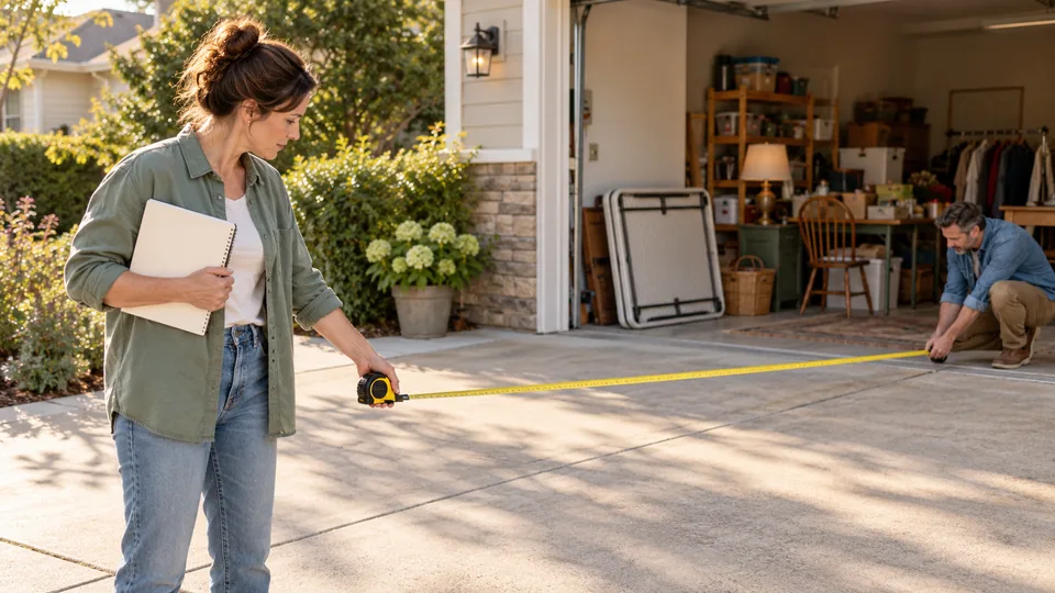 A homeowner measuring driveway space while planning a garage sale.