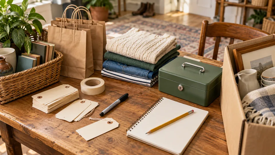 Tags, tape, bags and other supplies prepared for sale day.