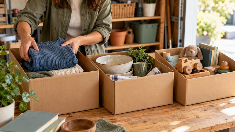 Hands sorting clothing, kitchenware and toys into boxes.