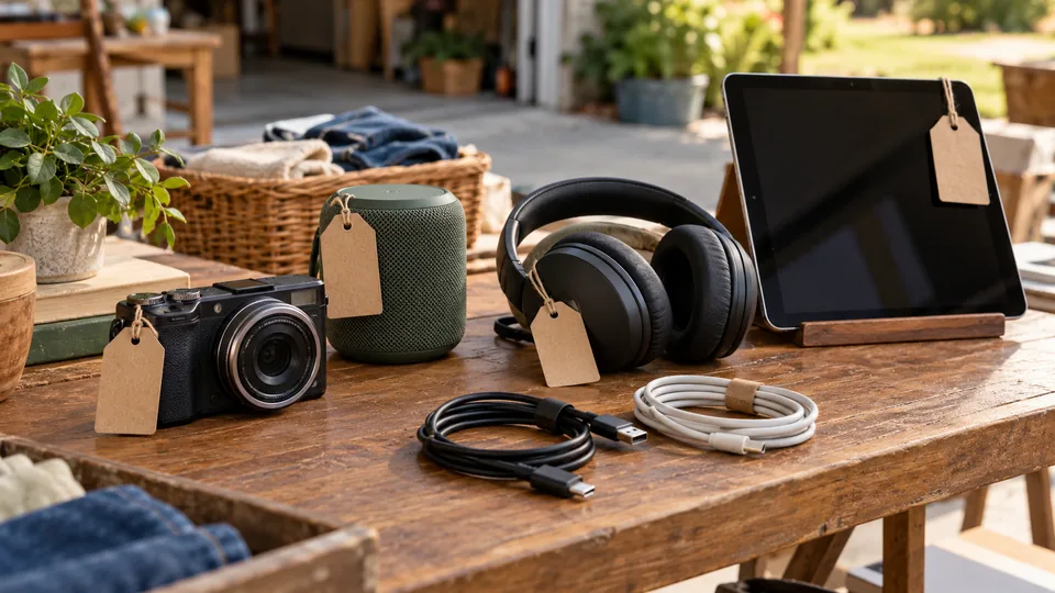 Secondhand electronics with blank price tags and neatly grouped cables.