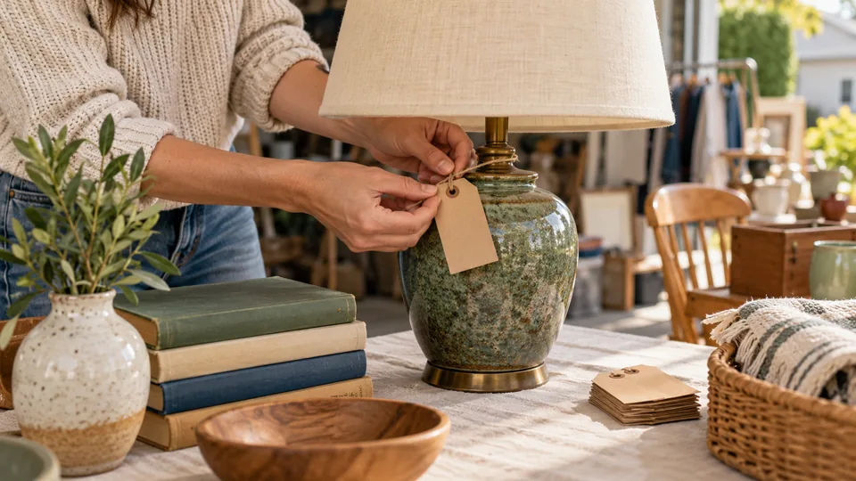 A seller attaching a blank price tag to a secondhand lamp.