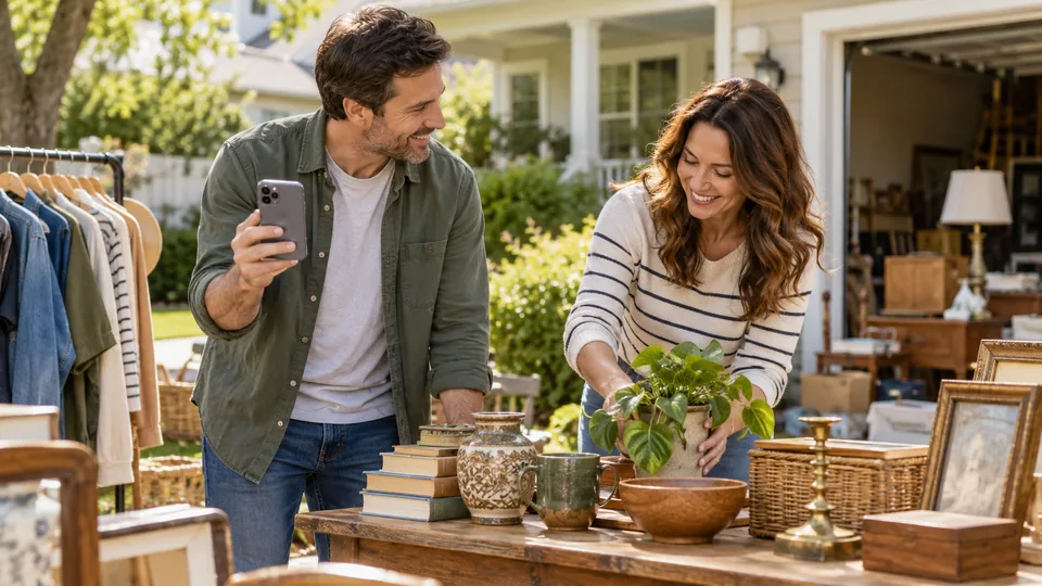 Neighbors arranging a sale display for a promotional photograph.