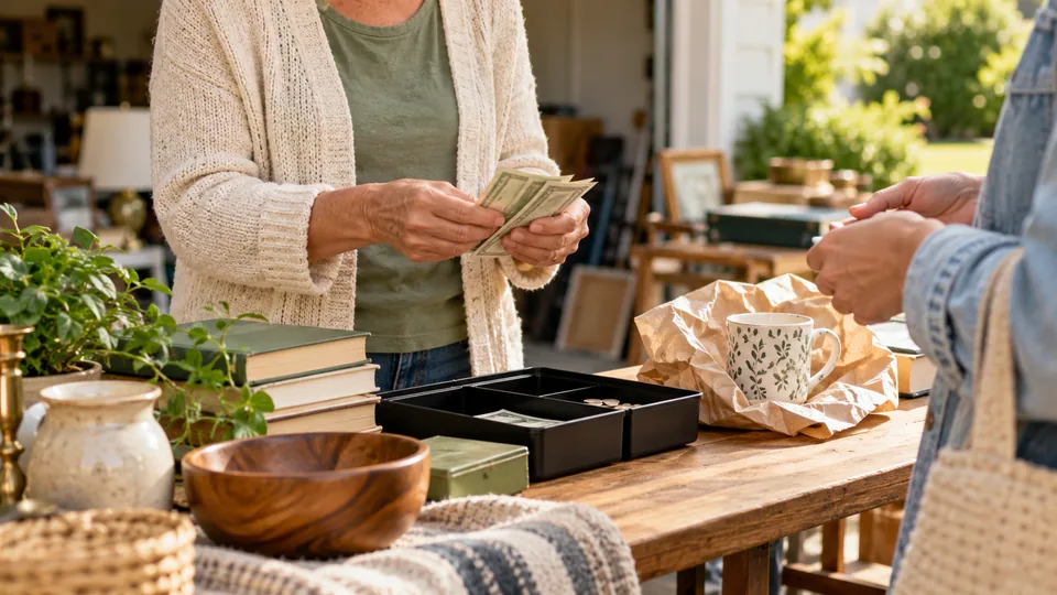 A seller counting payment beside a cash tray and wrapped purchase.