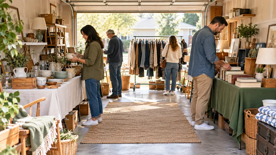 Tables along a single-car garage leave a clear browsing aisle.
