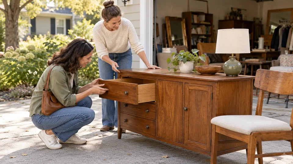 A buyer inspecting a secondhand wooden sideboard.