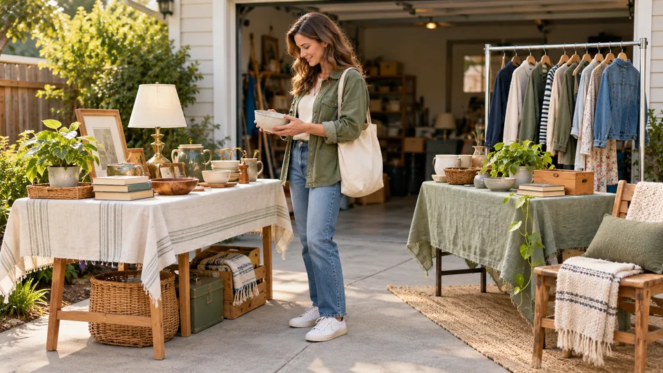 Two tables and a clothing rack make use of a small driveway.