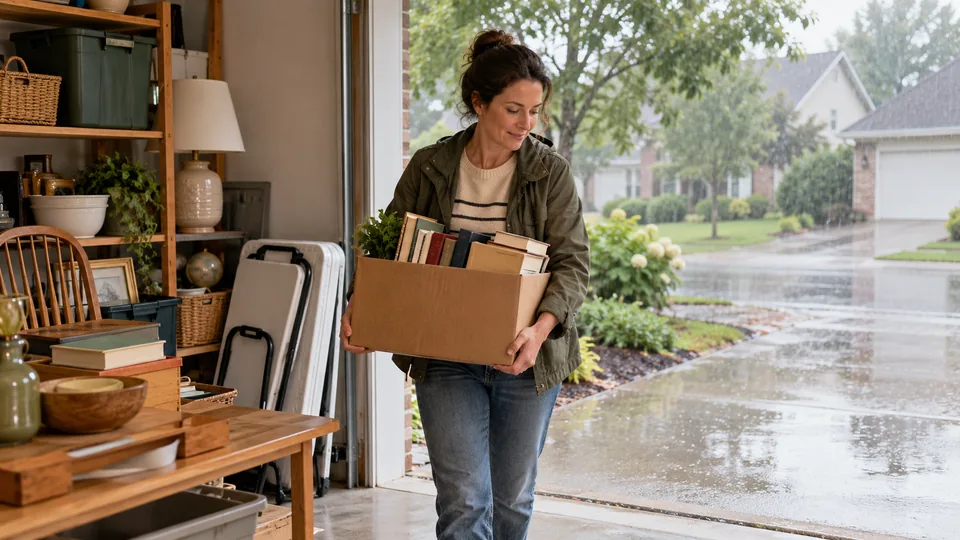 A homeowner moving books inside before rain reaches the sale.