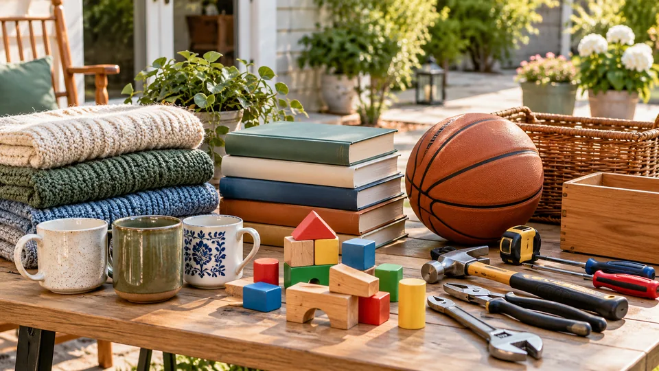 Tools, clothing, toys and kitchenware arranged for a garage sale.